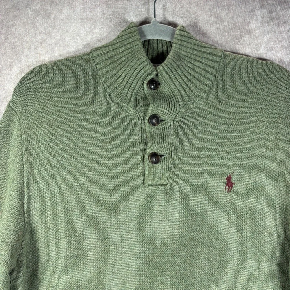Polo Ralph Lauren Sweater Men Medium Green Button Mock Neck Cotton Knit Pullover